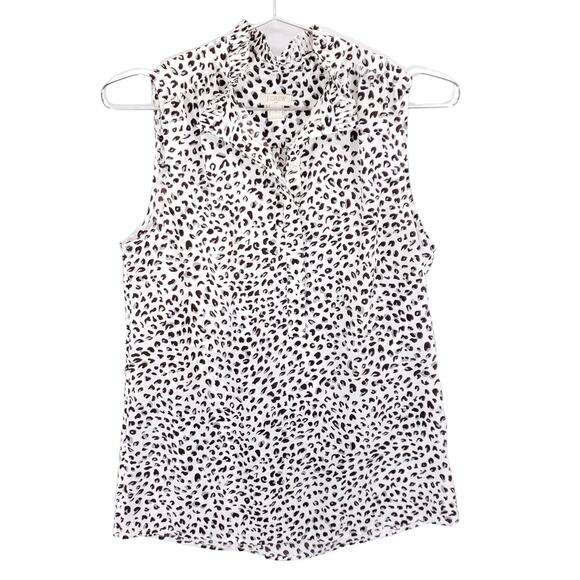 J Crew Blouse Womens 0 Black White Gray Leopard Print Sleeveless Ruffle Neck Top - Picture 1 of 6